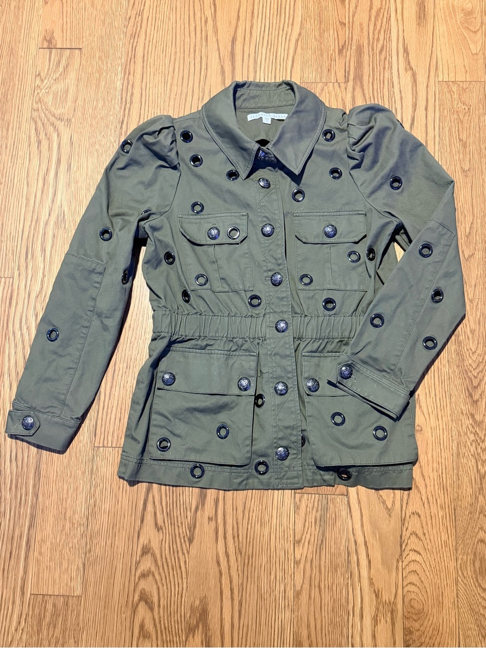 Veronica Beard Olive Grommet Military Utility Jacket Puff Sleeve Size 10 - Picture 2 of 11